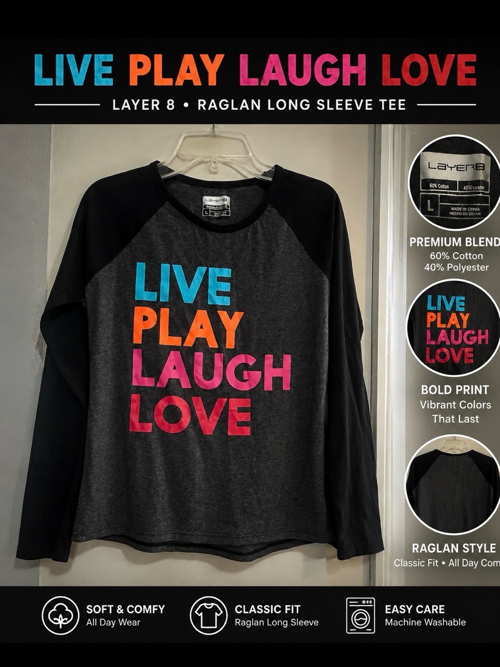 Layer 8 Kids "Live Play Laugh Love" Black Raglan Long Sleeve Tee